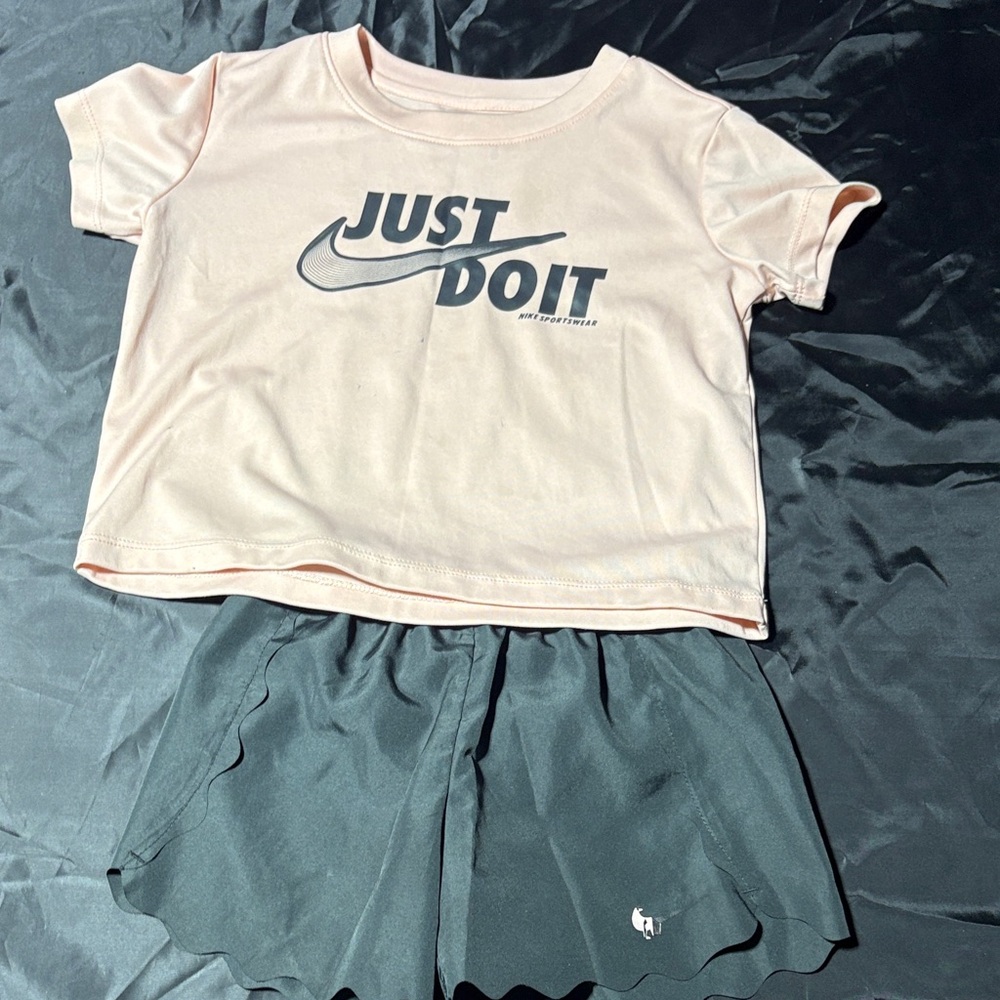 Kids Nike Light Pink Tee and Dark Gray Shorts Set